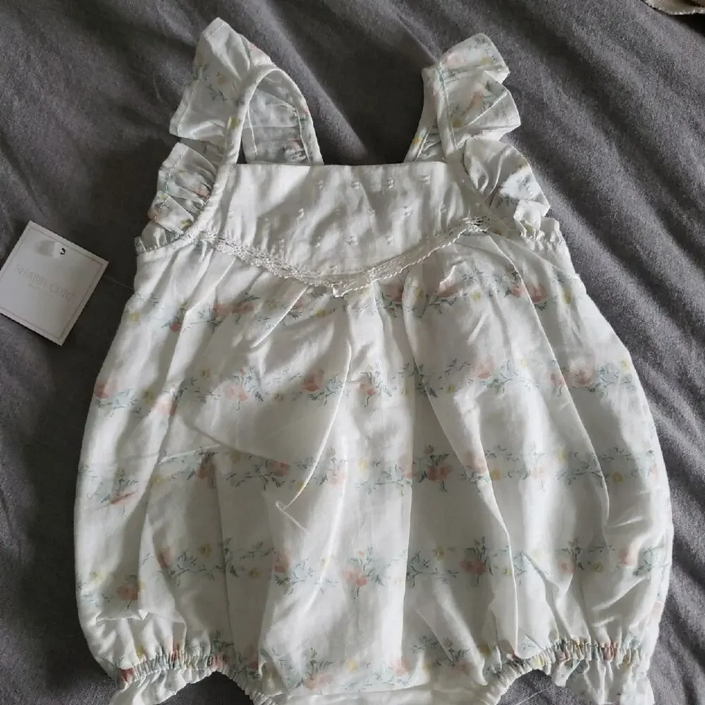 NWT Shabby Chic Baby Girl 3pc Set 3-6 Months Teal Bubble Romper Floral Headband
